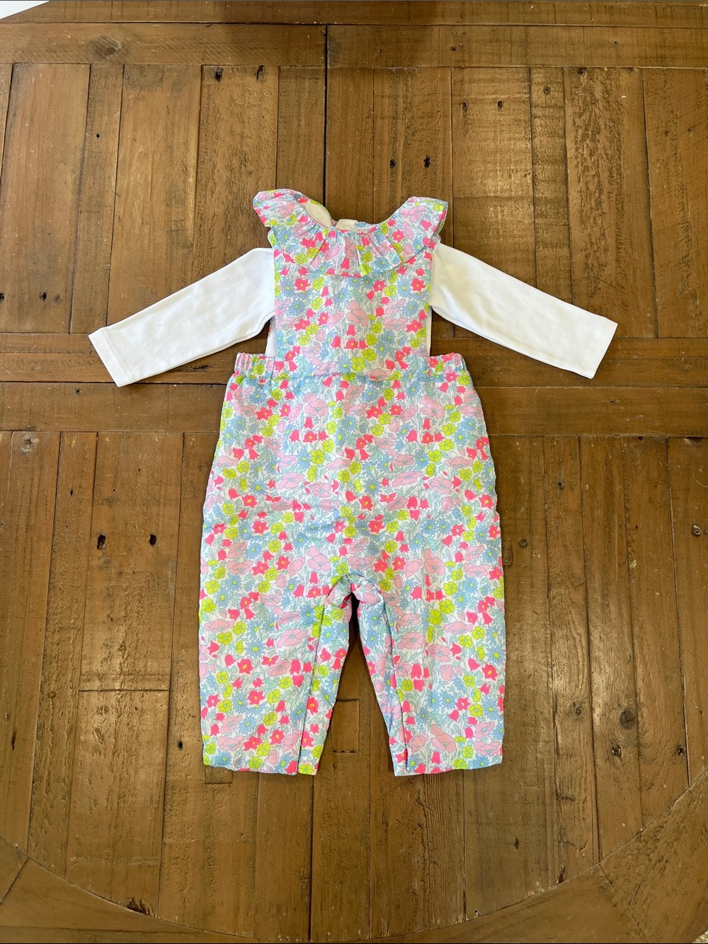 Jacadi bright floral overalls and white long sleeve ruffled collar shirt set